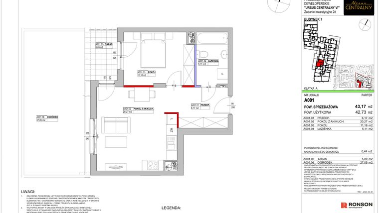 Rzut - Mieszkanie na sprzedaż 2 pokoje o powierzchni 43,17 m² - numer 7.A001 w Ursus Centralny etap VI