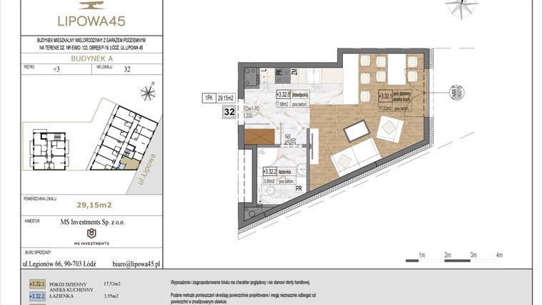 Rzut - Mieszkanie na sprzedaż 1 pokój o powierzchni 29,15 m² - numer A32 w Lipowa 45