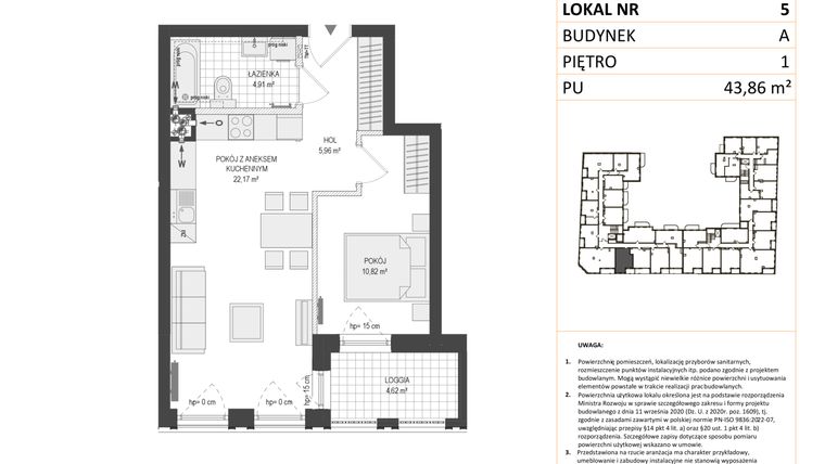 Rzut - Mieszkanie na sprzedaż 2 pokoje o powierzchni 43,86 m² - numer A.5 w Esencja