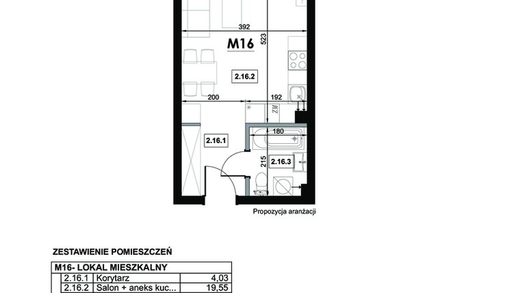 Rzut - Mieszkanie na sprzedaż 1 pokój o powierzchni 28,7 m² - numer M16 w Miejska Premium II