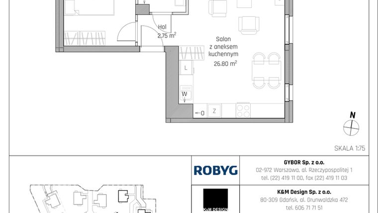 Rzut - Mieszkanie na sprzedaż 2 pokoje o powierzchni 43,9 m² - numer B7.1M01 w ROSA Residence etap II