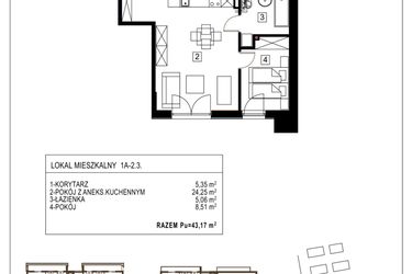 Rzut - Mieszkanie na sprzedaż 2 pokoje o powierzchni 43,17 m² - numer 1A-2.3 w Gardenia Pogodno