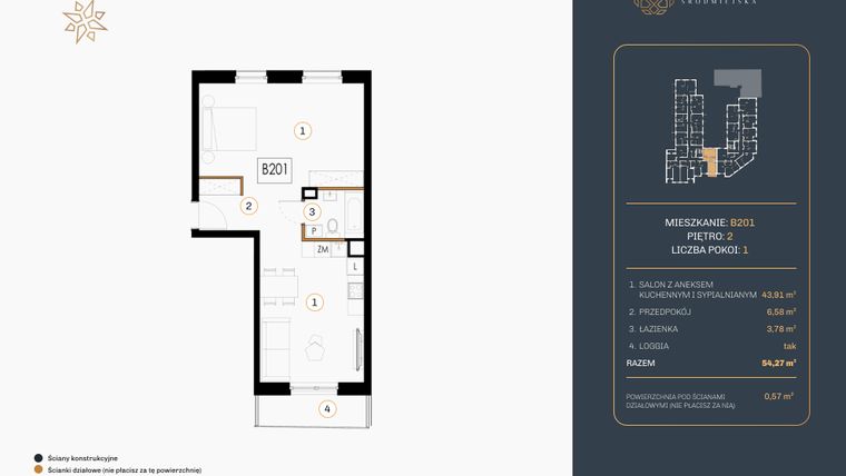 Rzut - Mieszkanie na sprzedaż 1 pokój o powierzchni 54,27 m² - numer B.201 w Rezydencja Śródmiejska