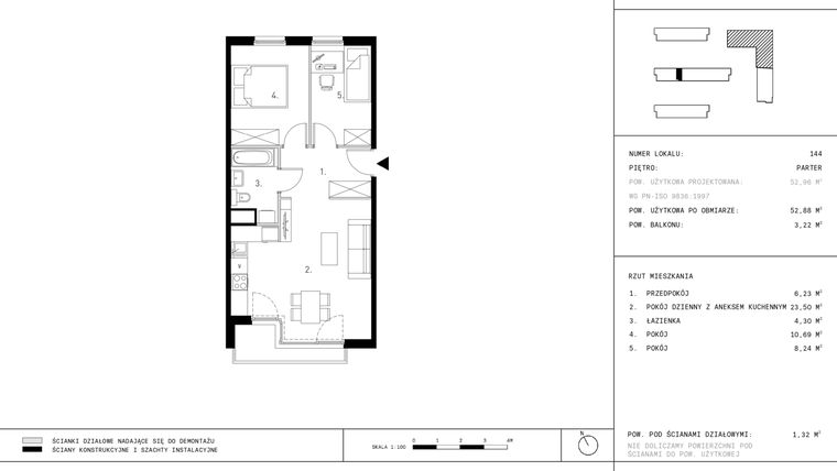 Rzut - Mieszkanie na sprzedaż 3 pokoje o powierzchni 52,88 m² - numer B4.0 w Wynalazek 3A