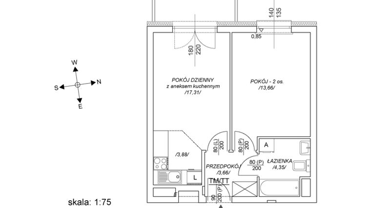 Rzut - Mieszkanie na sprzedaż 2 pokoje o powierzchni 38,98 m² - numer M55 w Osiedle Mała Dziesiąta etap II