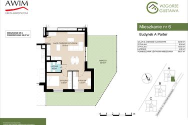 Rzut - Mieszkanie na sprzedaż 3 pokoje o powierzchni 56,07 m² - numer A6 w Wzgórze Gustawa