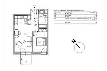 Rzut - Mieszkanie na sprzedaż 2 pokoje o powierzchni 46,26 m² - numer J.M23 w Osiedle Glivia Zachodnia