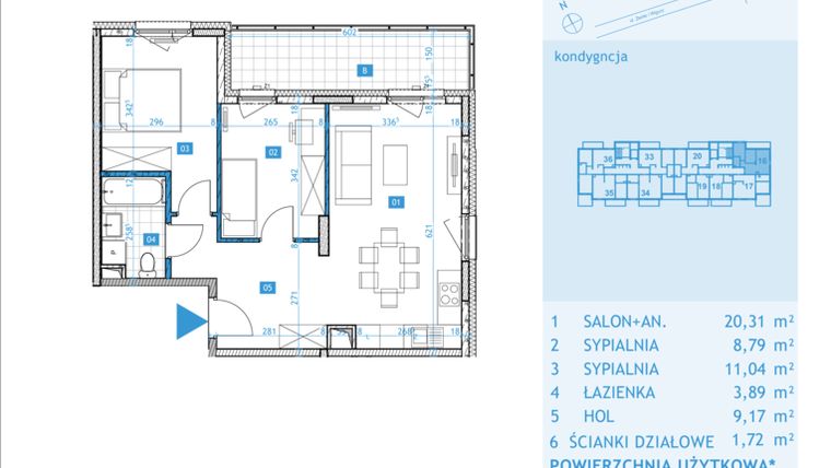 Rzut - Mieszkanie na sprzedaż 3 pokoje o powierzchni 54,92 m² - numer E16 w Osiedle Botaników etap E