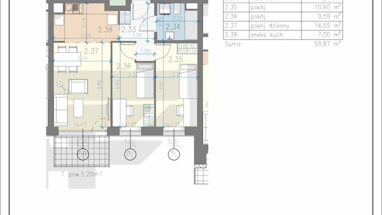 Rzut - Mieszkanie na sprzedaż 2 pokoje o powierzchni 50,87 m² - numer 14 w Przewóz 41 Residence