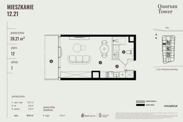 Rzut - Mieszkanie na sprzedaż 1 pokój o powierzchni 28,46 m² - numer 12.21 w Quorum Tower