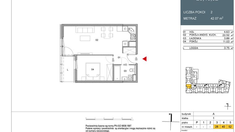 Rzut - Mieszkanie na sprzedaż 2 pokoje o powierzchni 42,07 m² - numer 52 w Morwowa 5