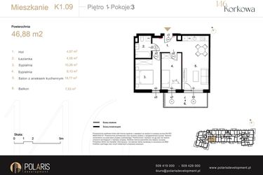 Rzut - Mieszkanie na sprzedaż 3 pokoje o powierzchni 46,88 m² - numer K1.09 w Korkowa 146