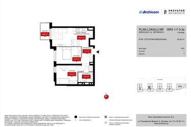 Rzut - Mieszkanie na sprzedaż 3 pokoje o powierzchni 52,83 m² - numer WR3 1/7/3/3a w Przystań Reymonta etap II