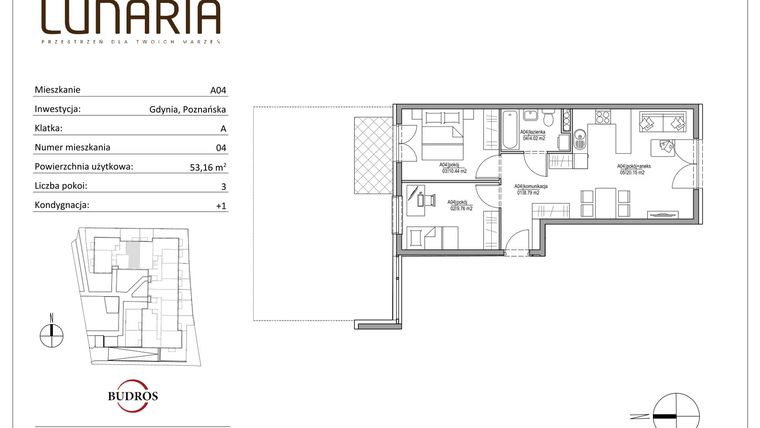 Rzut - Mieszkanie na sprzedaż 3 pokoje o powierzchni 53,16 m² - numer A04 w Lunaria