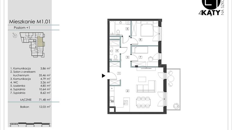 Rzut - Mieszkanie na sprzedaż 3 pokoje o powierzchni 71,48 m² - numer M1.01 w 4 Kąty na Szkolnej