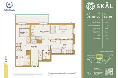 Rzut - Mieszkanie na sprzedaż 1 pokój o powierzchni 66,39 m² - numer M.28+29 w Skal
