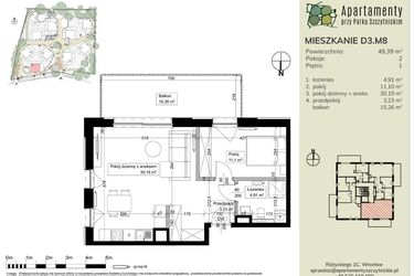 Rzut - Mieszkanie na sprzedaż 2 pokoje o powierzchni 49,39 m² - numer D3.M8 w Apartamenty przy Parku Szczytnickim