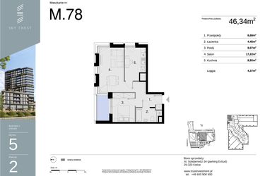 Rzut - Mieszkanie na sprzedaż 2 pokoje o powierzchni 46,34 m² - numer M78 w Sky Trust etap II