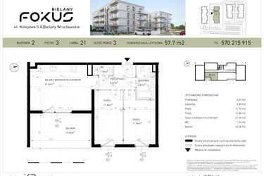 Rzut - Mieszkanie na sprzedaż 3 pokoje o powierzchni 57,7 m² - numer B2-21 w Fokus Bielany