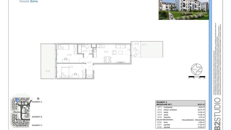 Rzut - Mieszkanie na sprzedaż 3 pokoje o powierzchni 60,83 m² - numer 7 w Osiedle Solne etap II