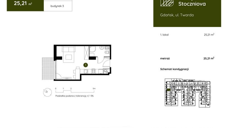 Rzut - Mieszkanie na sprzedaż 1 pokój o powierzchni 25,21 m² - numer 3.B.0.03 w Murapol Stoczniova