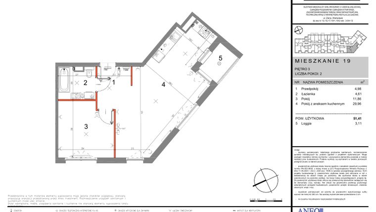Rzut - Mieszkanie na sprzedaż 2 pokoje o powierzchni 51,41 m² - numer 19 w Zana 2