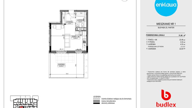 Rzut - Mieszkanie na sprzedaż 1 pokój o powierzchni 31,48 m² - numer Z5.1 w Enklawa Apartamenty Z4 i Z5