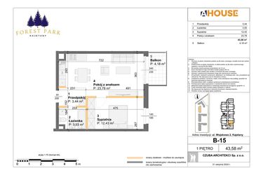 Rzut - Mieszkanie na sprzedaż 2 pokoje o powierzchni 43,58 m² - numer B.15 w Forest Park Kajetany