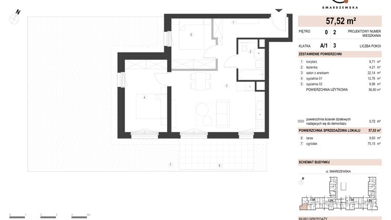 Rzut - Mieszkanie na sprzedaż 3 pokoje o powierzchni 57,52 m² - numer A/1/0.2 w Smardzewska 8