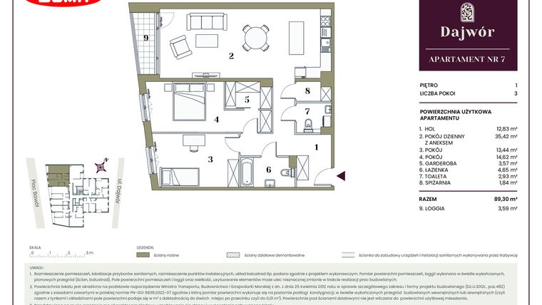 Rzut - Mieszkanie na sprzedaż 3 pokoje o powierzchni 89,3 m² - numer 7 w Dajwór