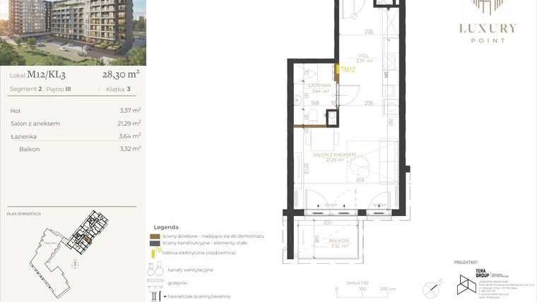 Rzut - Mieszkanie na sprzedaż 1 pokój o powierzchni 28,3 m² - numer M12/KL3 w LUXURY POINT