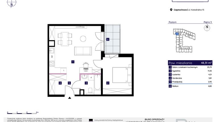 Rzut - Mieszkanie na sprzedaż 2 pokoje o powierzchni 48,31 m² - numer 15/62 w Osiedle Neonowe