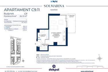 Rzut - Mieszkanie na sprzedaż 1 pokój o powierzchni 26,15 m² - numer C9.11 w Sol Marina etap III