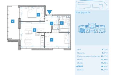 Rzut - Mieszkanie na sprzedaż 3 pokoje o powierzchni 59,24 m² - numer 12 w Apartamenty Macadamia