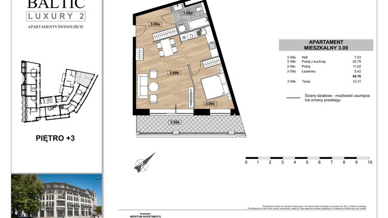 Rzut - Mieszkanie na sprzedaż 2 pokoje o powierzchni 54,76 m² - numer 3.09 w Baltic Luxury 2