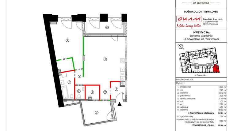 Rzut - Mieszkanie na sprzedaż 3 pokoje o powierzchni 84,64 m² - numer M044 w Warzelnia by Bohema