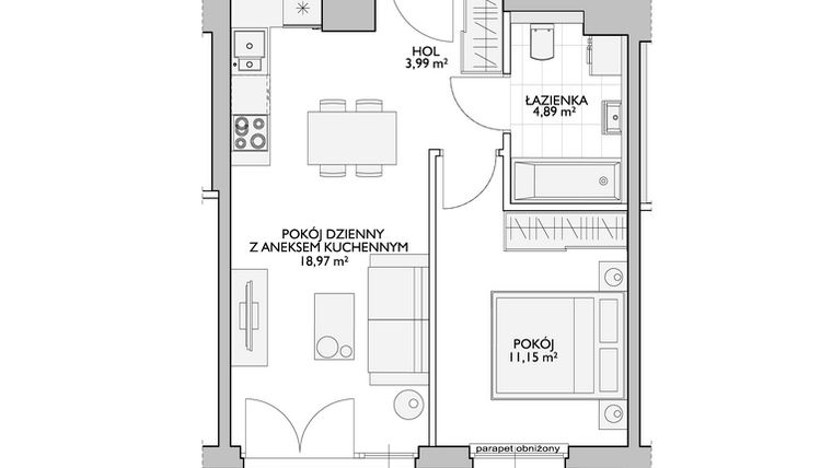 Rzut - Mieszkanie na sprzedaż 2 pokoje o powierzchni 40,15 m² - numer WO/P33/23 w Wiszące Ogrody