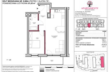 Rzut - Mieszkanie na sprzedaż 2 pokoje o powierzchni 51,25 m² - numer B.54 w Apartamenty Grójeckie Ogrody