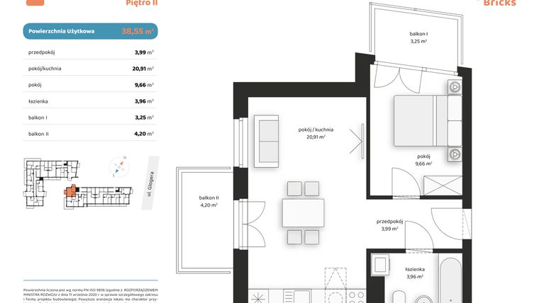 Rzut - Mieszkanie na sprzedaż 2 pokoje o powierzchni 38,55 m² - numer M II.2.4 w Glogera Bricks