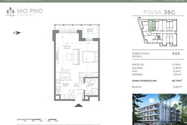 Rzut - Mieszkanie na sprzedaż 2 pokoje o powierzchni 40,7 m² - numer 2.3 w Mio Pino