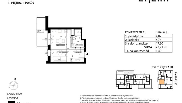 Rzut - Mieszkanie na sprzedaż 1 pokój o powierzchni 27,21 m² - numer M15 w Finezja