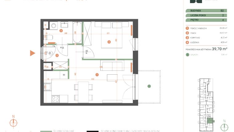 Rzut - Mieszkanie na sprzedaż 2 pokoje o powierzchni 39,7 m² - numer M.04.01 w Casa Feliz Portowa