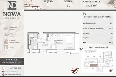 Rzut - Mieszkanie na sprzedaż 1 pokój o powierzchni 25,83 m² - numer M10 w Nowa Drukarnia