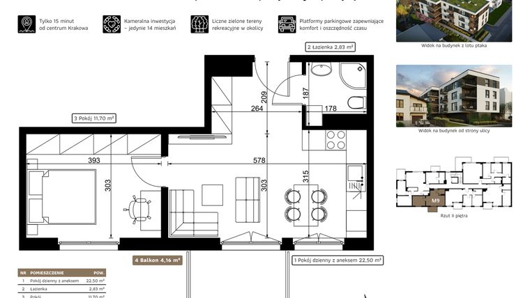 Rzut - Mieszkanie na sprzedaż 2 pokoje o powierzchni 37,03 m² - numer M9 w Dolnomłyńska 5