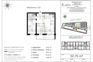 Rzut - Mieszkanie na sprzedaż 3 pokoje o powierzchni 52,7 m² - numer M33 w Staszica