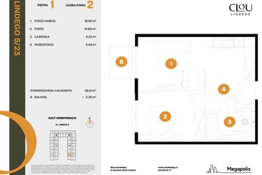 Rzut - Mieszkanie na sprzedaż 2 pokoje o powierzchni 38,51 m² - numer 23 w CLOU LINDEGO