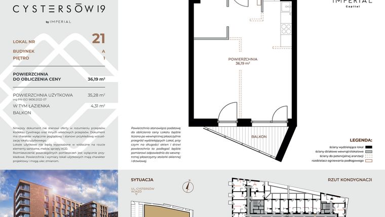 Rzut - Mieszkanie na sprzedaż 1 pokój o powierzchni 36,19 m² - numer 21 w Cystersów 19 - lokale inwestycyjne
