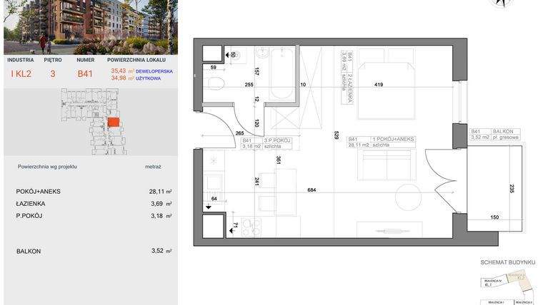 Rzut - Mieszkanie na sprzedaż 1 pokój o powierzchni 34,98 m² - numer I-B41 w Industria etap I-B