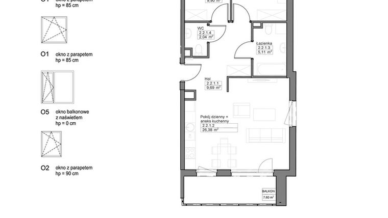 Rzut - Mieszkanie na sprzedaż 3 pokoje o powierzchni 65,03 m² - numer A.2.2.1 w Optima VIII