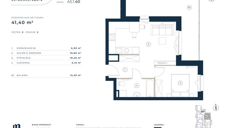 Rzut - Mieszkanie na sprzedaż 2 pokoje o powierzchni 41,4 m² - numer A5.1.40 w Cascada